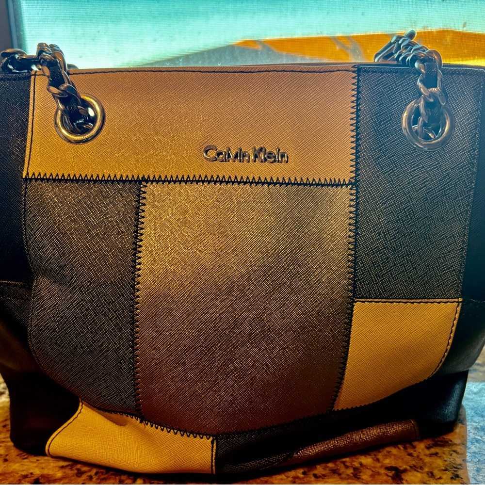 Calvin Klein Black and grey and tan Patchwork Shoulder Bag